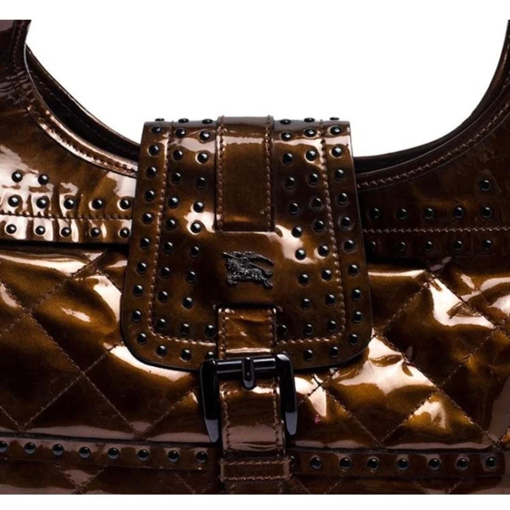 Burberry Prorsum Metallic Bronze Quilted Patent Leather Studded Hobo‎ Bag Italy